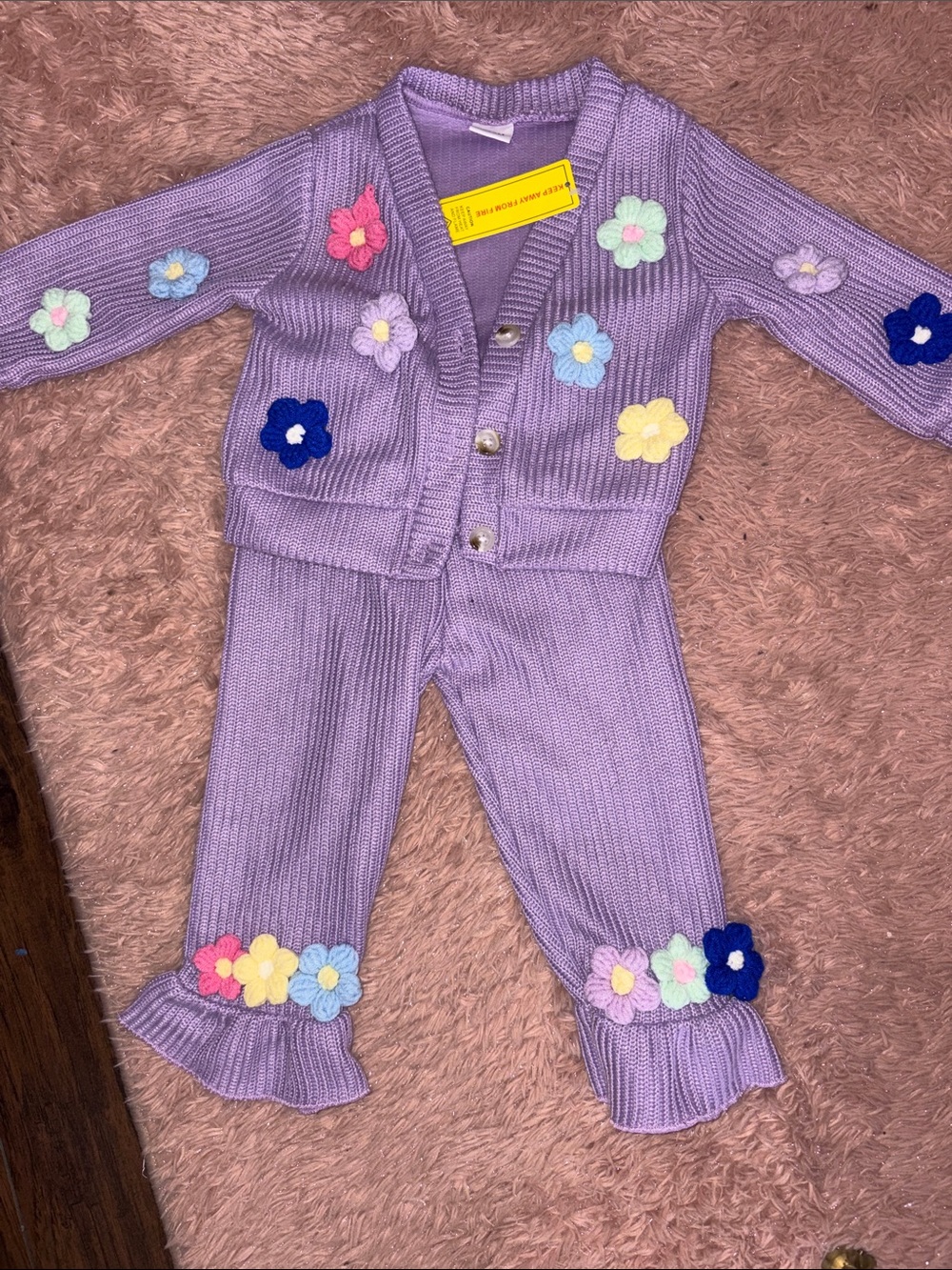 SHEIN Lavender Knit Kids Matching Set with Multicolor Flower Appliqués